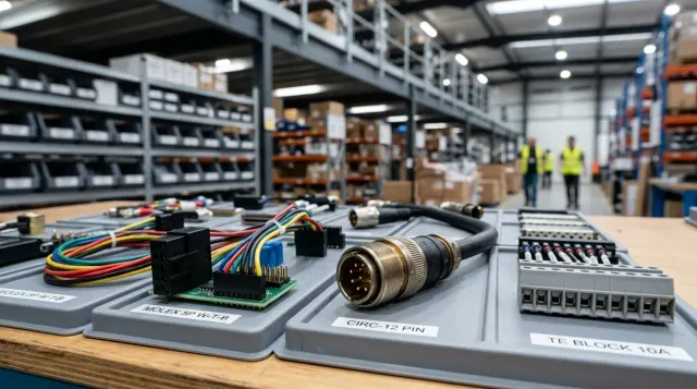 Connector and cable-assembly samples laid out on a sourcing desk